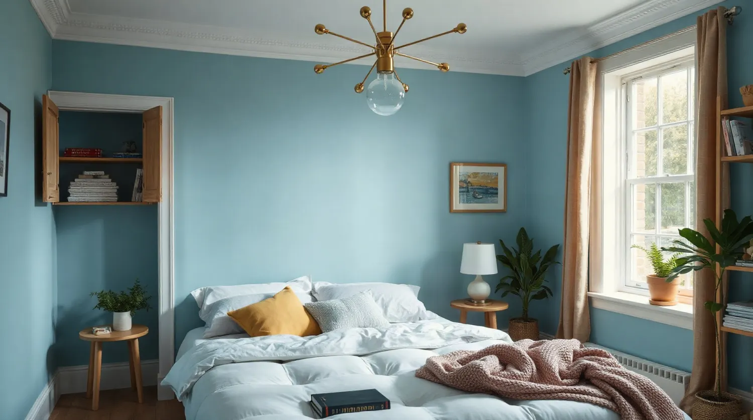 Chambre avec un mur accent peint dans une teinte bleue poudré