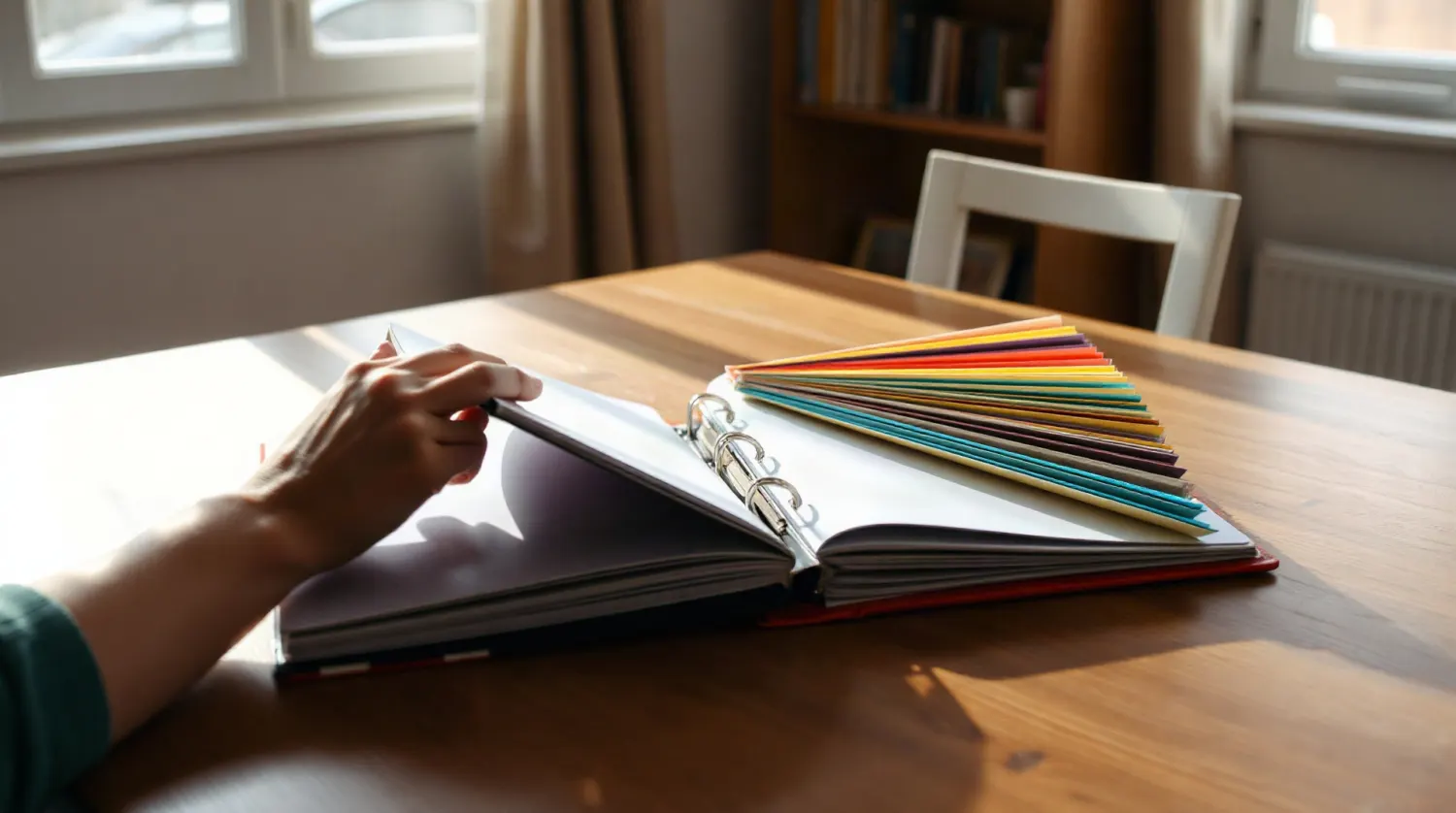 Classeur ouvert avec intercalaires thématiques sur une table
