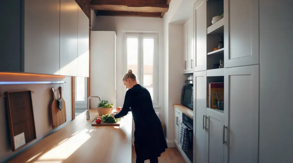 Cuisine en I dans un appartement lumineux