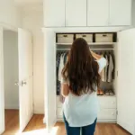 Dressing PAX IKEA ouvert dans une chambre adulte bien rangée