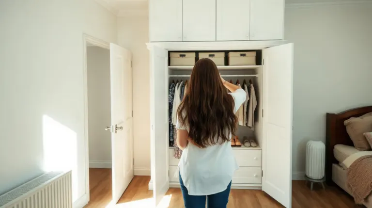 Dressing PAX IKEA ouvert dans une chambre adulte bien rangée