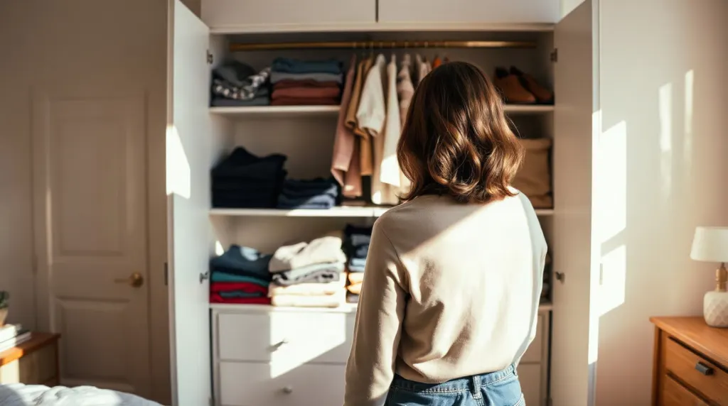 Femme organisant ses vêtements dans un grand dressing blanc ouvert