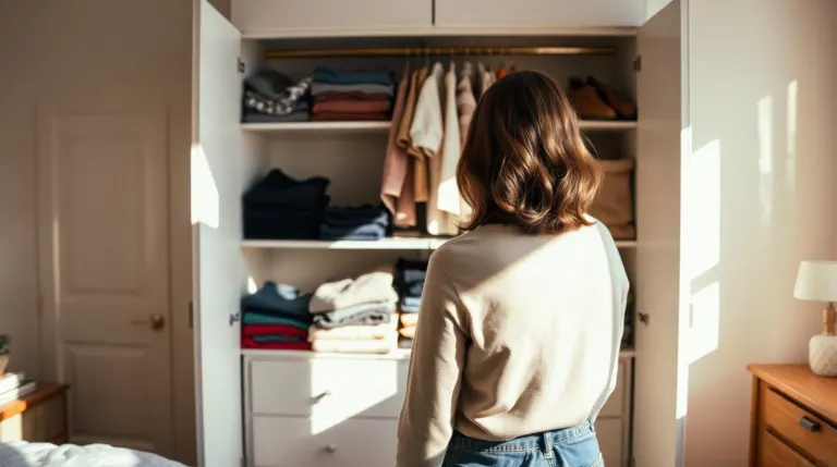 Femme organisant ses vêtements dans un grand dressing blanc ouvert