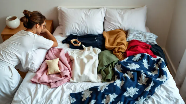 Femme qui trie ses vêtements sur un lit selon la méthode KonMari