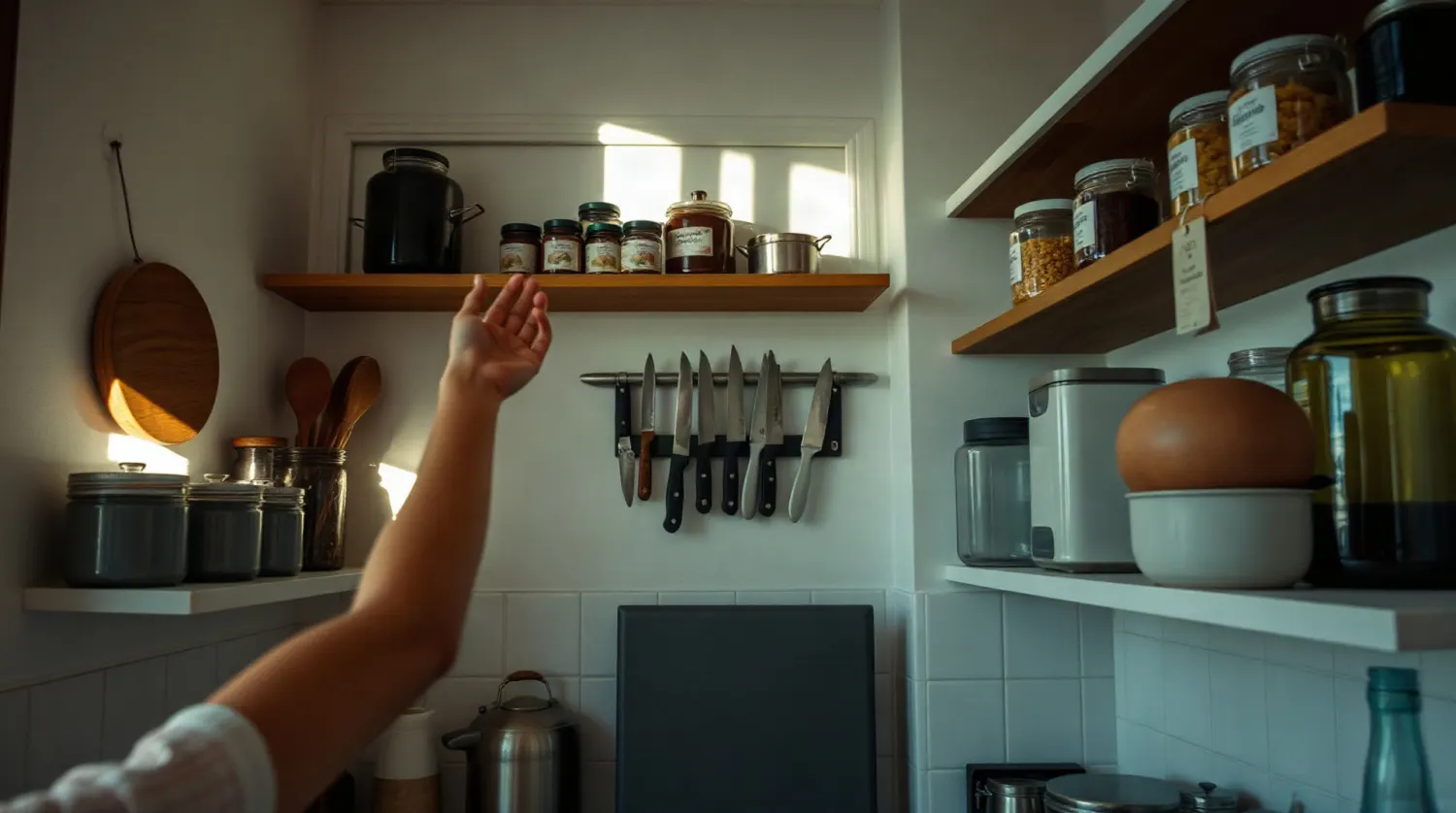 Kitchenette de studio avec étagères murales hautes et barre magnétique à couteaux