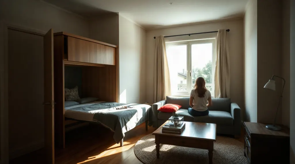 Lit escamotable relevé dans un studio moderne