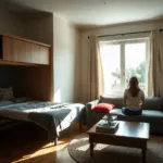 Lit escamotable relevé dans un studio moderne