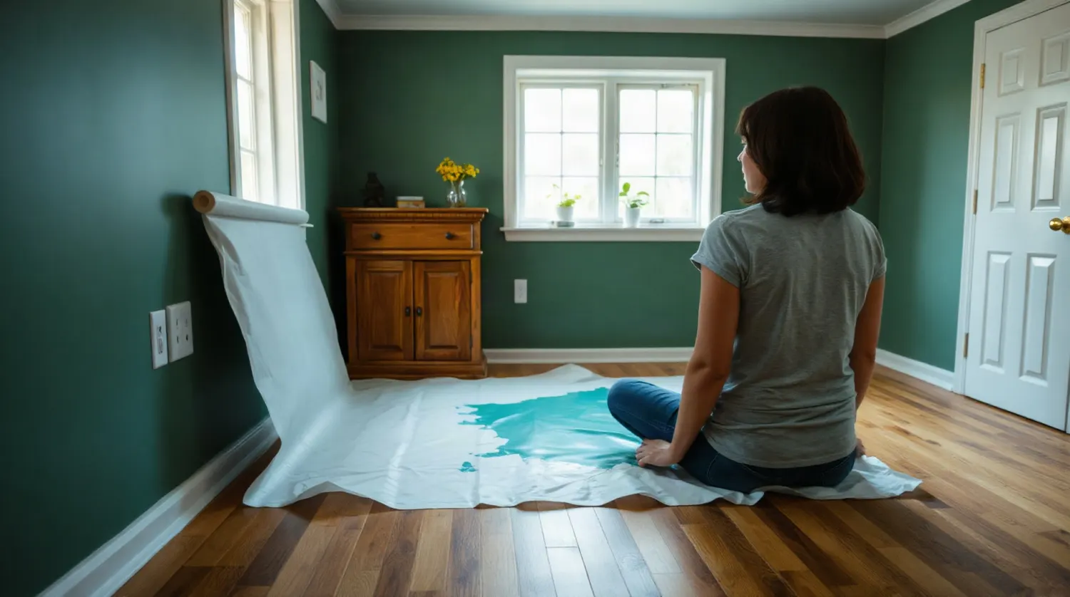 Personne appliquant une peinture foncée sur un mur avec un rouleau