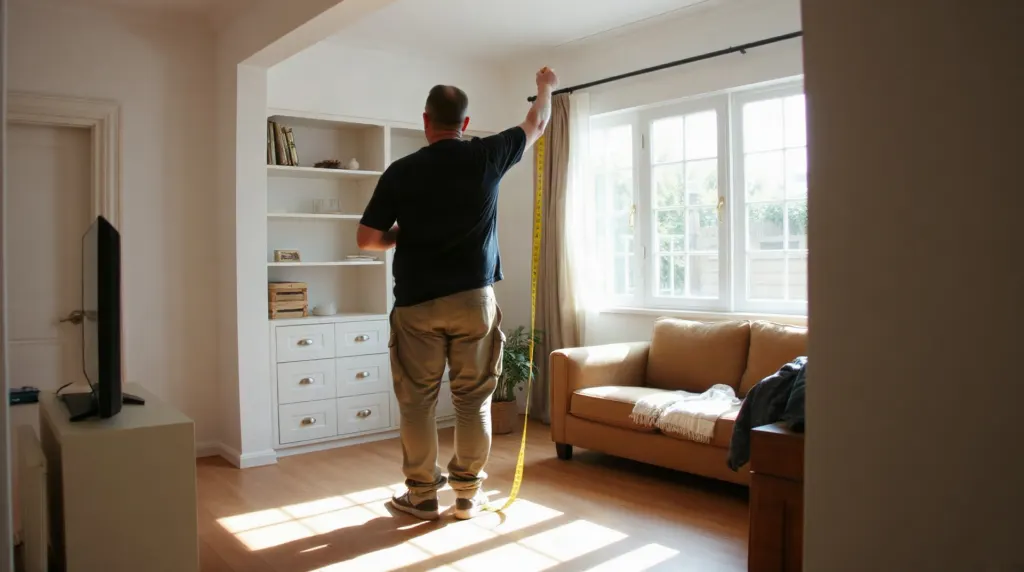 Personne mesurant la hauteur sous plafond d'un séjour avec un mètre ruban
