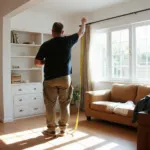 Personne mesurant la hauteur sous plafond d'un séjour avec un mètre ruban