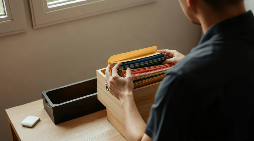 Rangement de documents administratifs dans des chemises colorées étiquetées