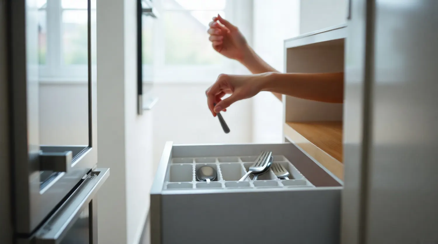 Rangements organisés dans une cuisine en longueur