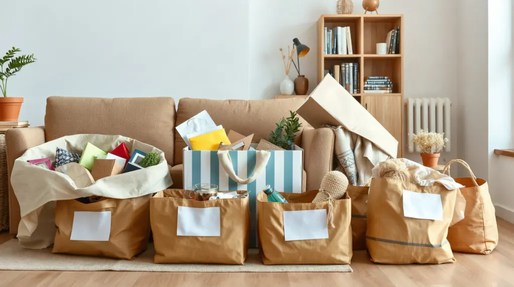 Sacs et cartons de tri remplis d'objets à donner posés dans un salon