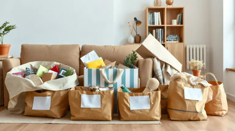 Sacs et cartons de tri remplis d'objets à donner posés dans un salon