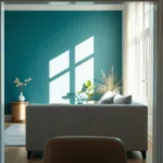 Salon avec mur du fond peint en bleu canard foncé