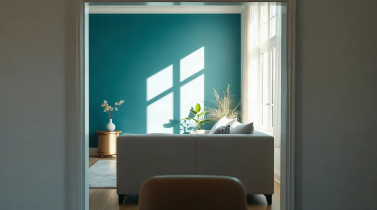 Salon avec mur du fond peint en bleu canard foncé
