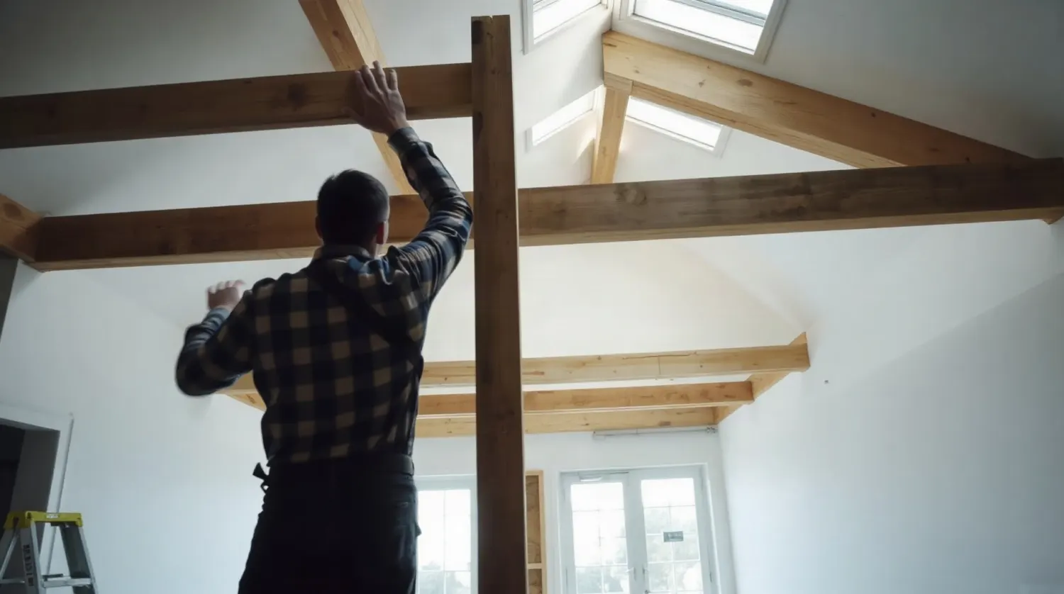 Structure en bois d'une mezzanine en cours d'installation dans un loft lumineux