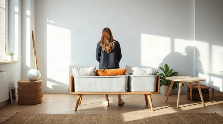 Étagère Kallax IKEA retournée en banquette avec coussins dans un salon