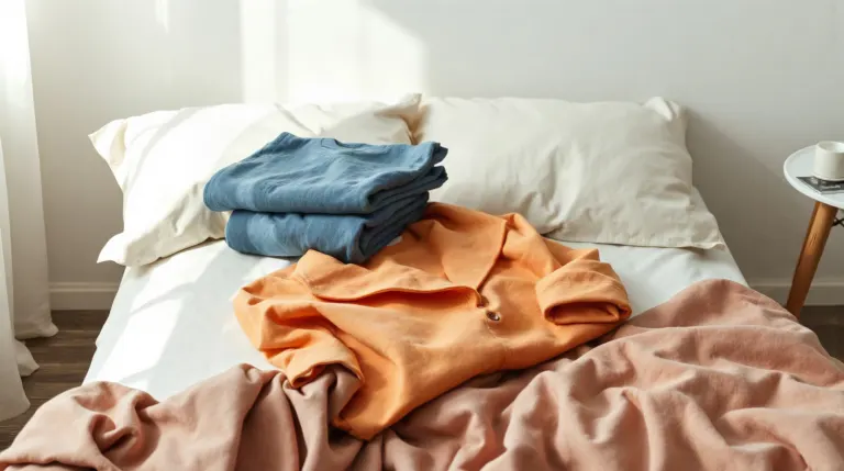 Tri de vêtements posés en trois piles distinctes sur un lit
