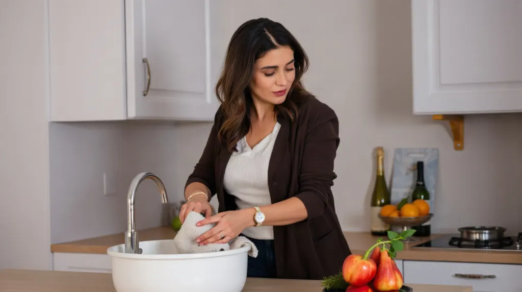 Une femme nettoyant son évier de cuisine le soir