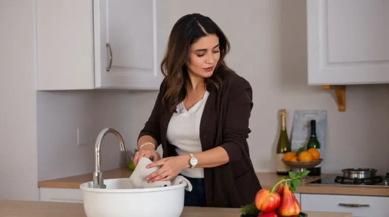 Une femme nettoyant son évier de cuisine le soir