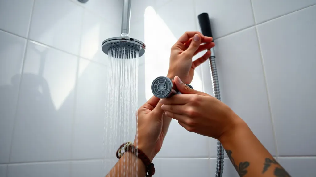 Filtre anti calcaire vissé sur un flexible de douche chromé