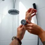 Filtre anti calcaire vissé sur un flexible de douche chromé