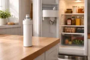 Filtre à eau de réfrigérateur Samsung posé sur un plan de travail