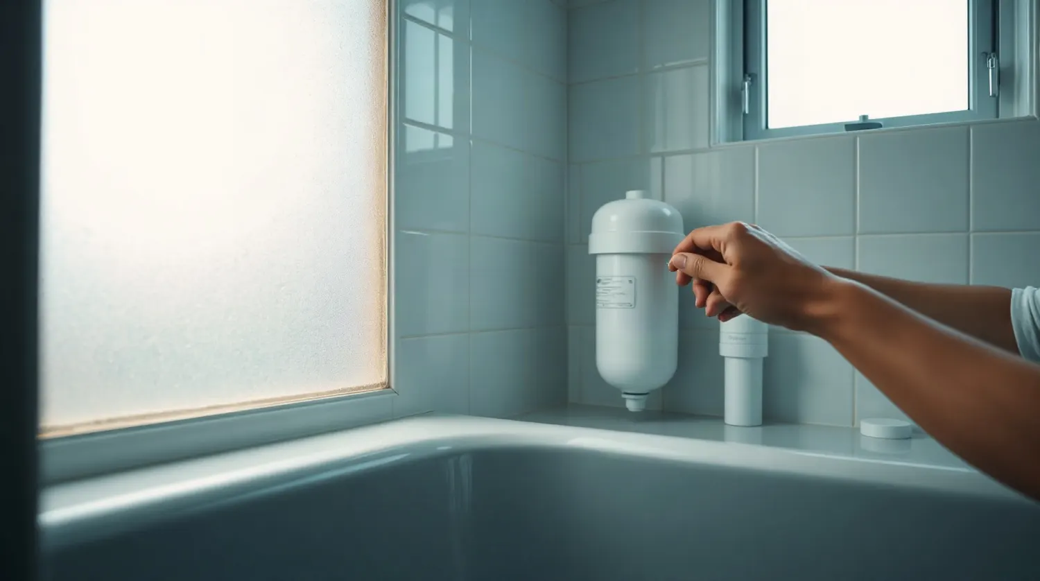 Main qui dévisse la cartouche d'un filtre de douche pour la remplacer