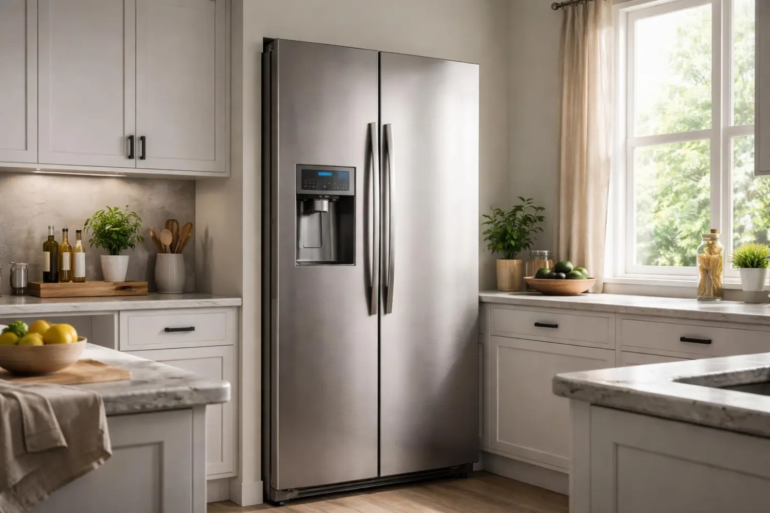 Personne appuyant sur le panneau de commande d'un frigo américain Samsung
