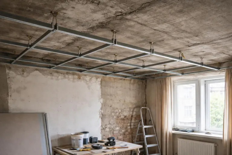 Pose de suspentes sur ossature métallique de faux plafond